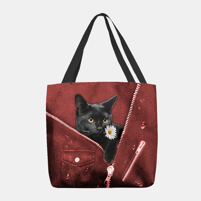 Women Canvas Cute Three-Dimensional 3D Black Cat with Flower Pattern Shoulder Bag Handbag Tote - MRSLM