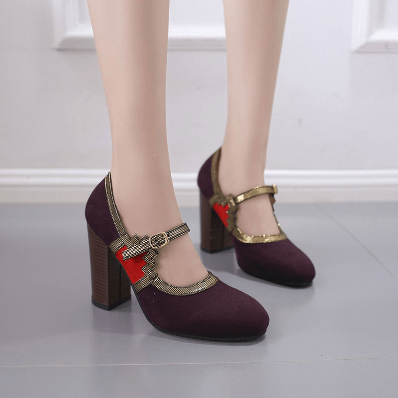 Women plus Size Stitching Chunky Heel Pumps - MRSLM