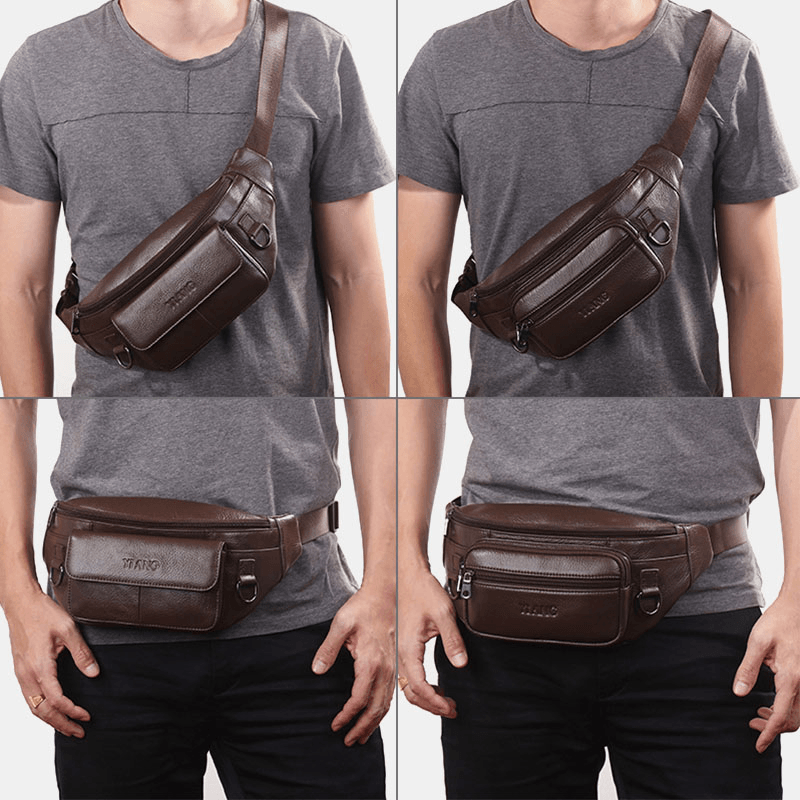 Men Genuine Leather Solid Color Multi-Carry Crossbody Bag Chest Bag Belt Bag Waist Bag - MRSLM