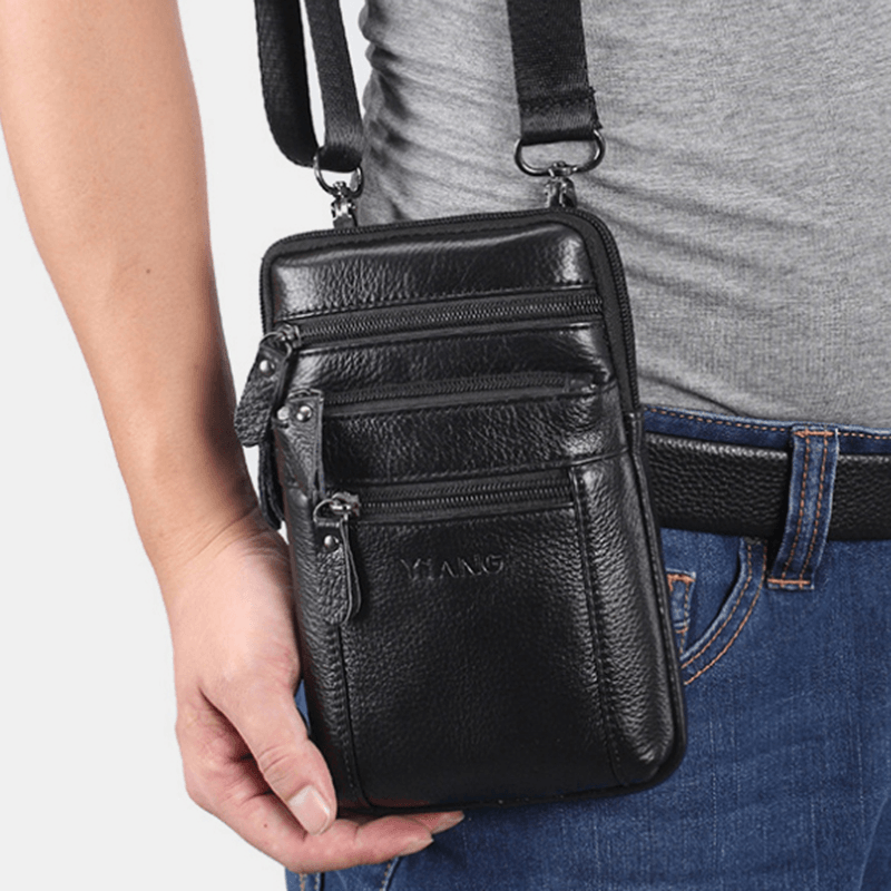 Men Genuine Leather Retro Multi-Function Belt Bag Cross Body Bag Casual Large Capacity Easy Carry Waist Bag - MRSLM