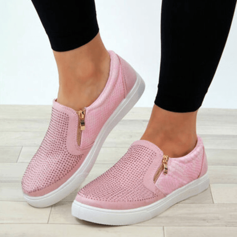 Women Doble Size Zipper Rhinestone Decor Comfy Non Slip Casual Flats - MRSLM