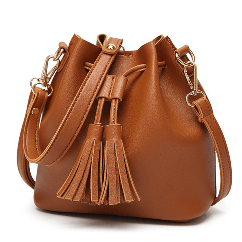 Women PU Leather Drawstring Bucket Bags Retro Tassel Shoulder Bags Crossbody Bags - MRSLM