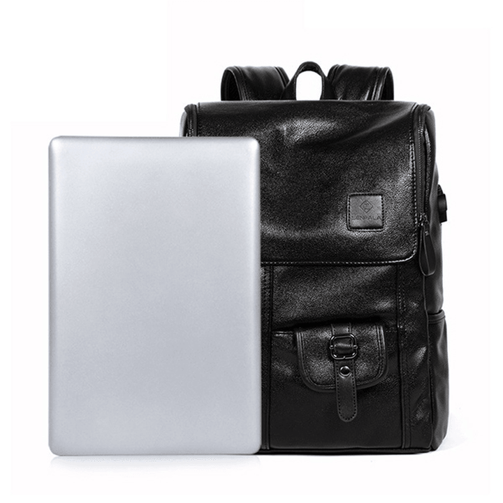 Men PU Leather Solid Vintage Large Capacity Backpack USB Charging Shoulder Bag - MRSLM