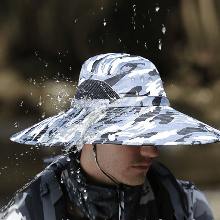 Mens UPF 50+ Bucket Hat Waterproof Mesh Breathable Sunshade Camouflage Cap Oversized Brim with String for Outdoor Fishing Hat Climbing - MRSLM