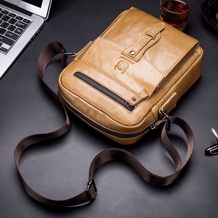 BULLCAPTAIN Men Genuine Leather Business Retro Solid Color Crossbody Bag Shoulder Bag - MRSLM