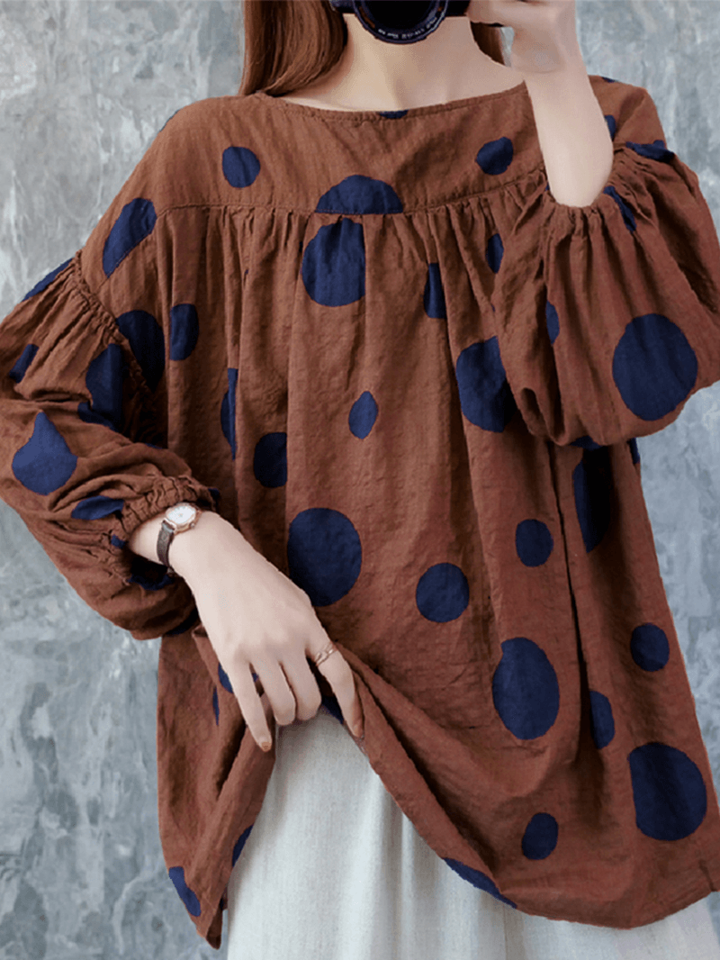 Women Vintage Polka Dot Print Puff Sleeve Loose Pleated Blouse - MRSLM