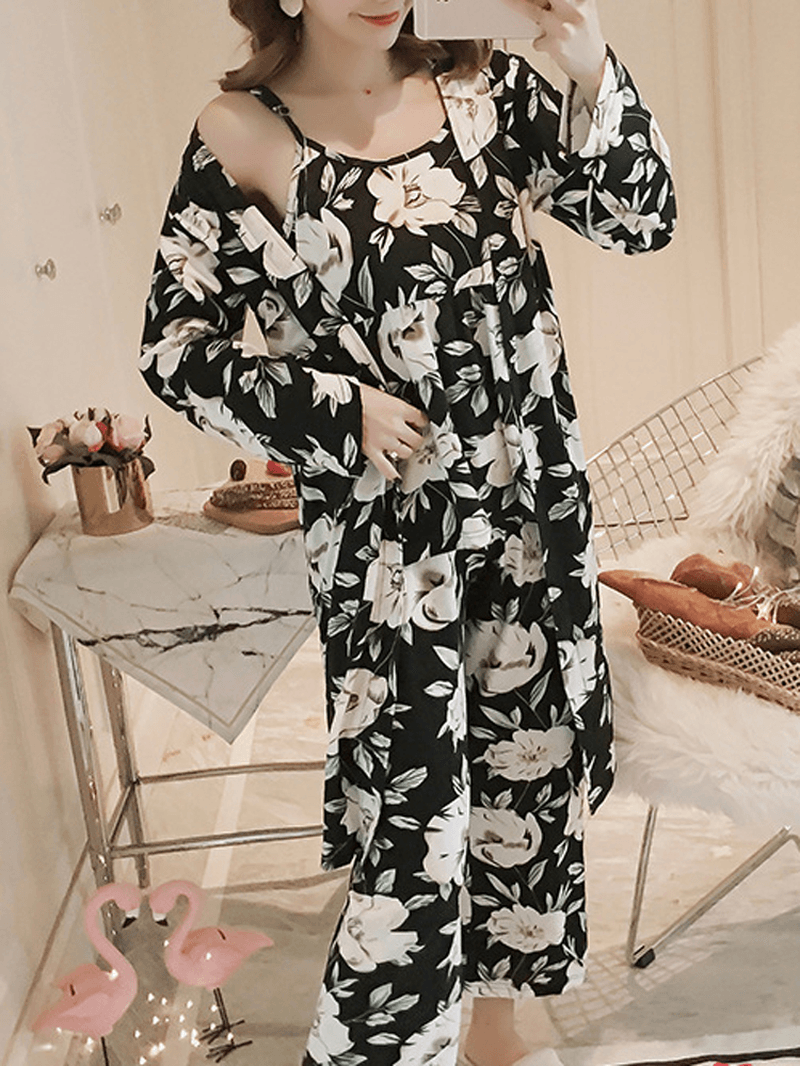 Womens Florral Print Tank Top with Robe Three Piece Home Casual Pajama Set - MRSLM