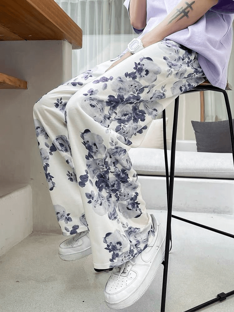 Tie-Dyed Floral Wide-Leg Pants Women Loose and Casual Mopping the Floor - MRSLM