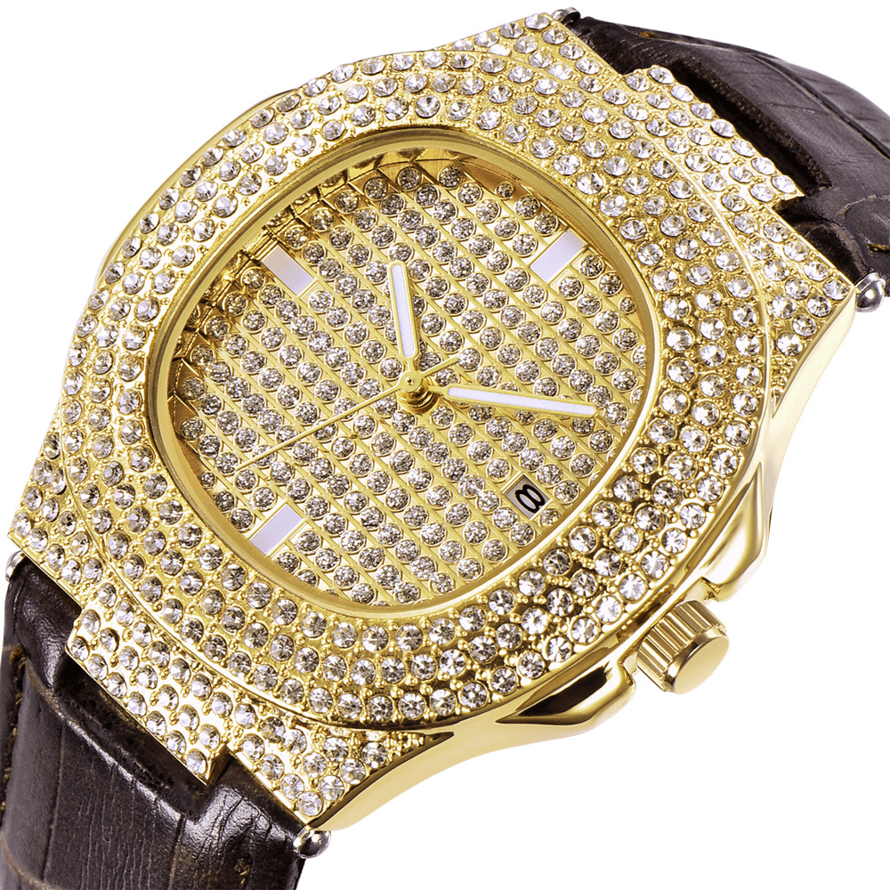 Fashion Elegent Alloy PU Leather Men Vintage Diamond Watch Belt Quartz Watch - MRSLM