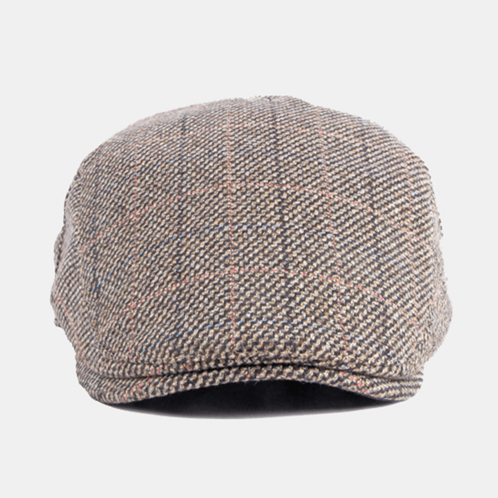 Men Cotton Colored Lattice Pattern plus Velvet Warm Berets British Retro Casual Sunshade Forward Hat Newsboy Hat - MRSLM