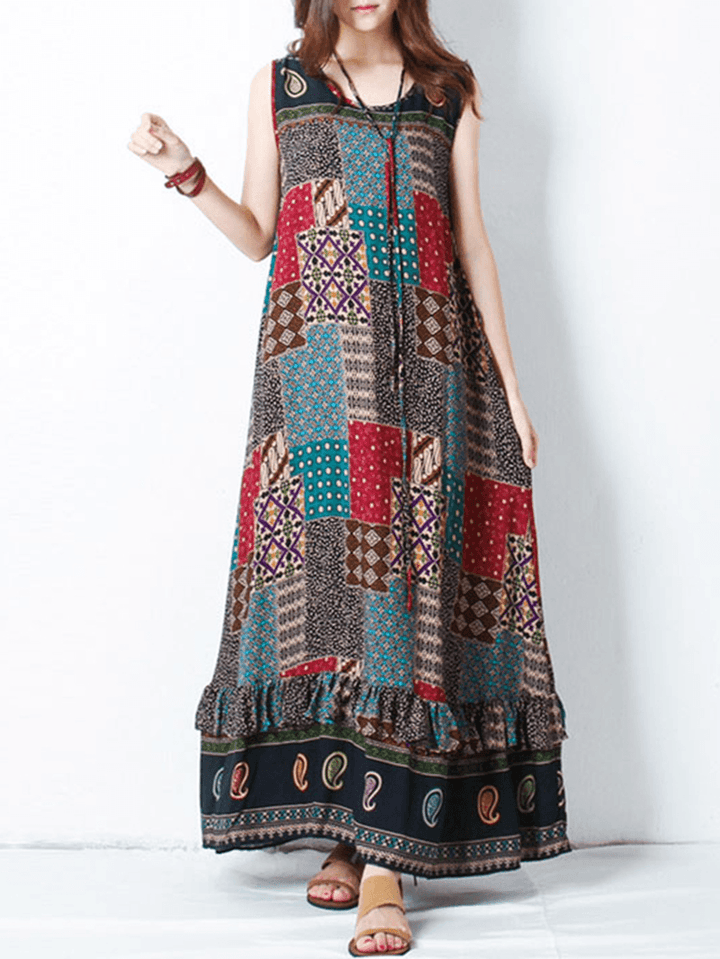 Bohemian Women Sleeveless O-Neck Printed Maxi Tank Dress - MRSLM