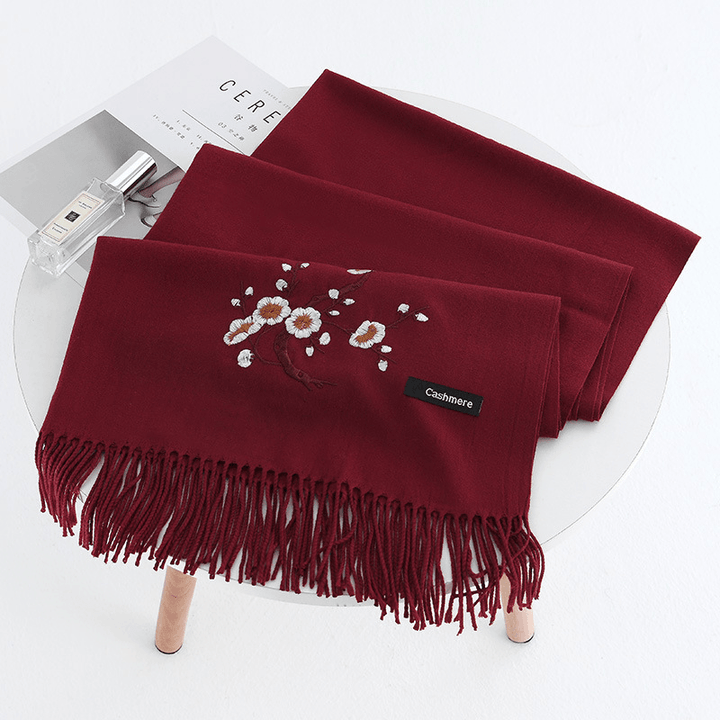 Women Winter Cashmere-Like Plum Embroidery Tassel Scarf - MRSLM