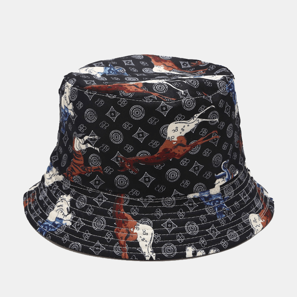 Unisex Double-Side-Wear Geometry Printed Bucket Hat Cartoon Horse Pattern Foldable Sunshade Fishing Hat - MRSLM