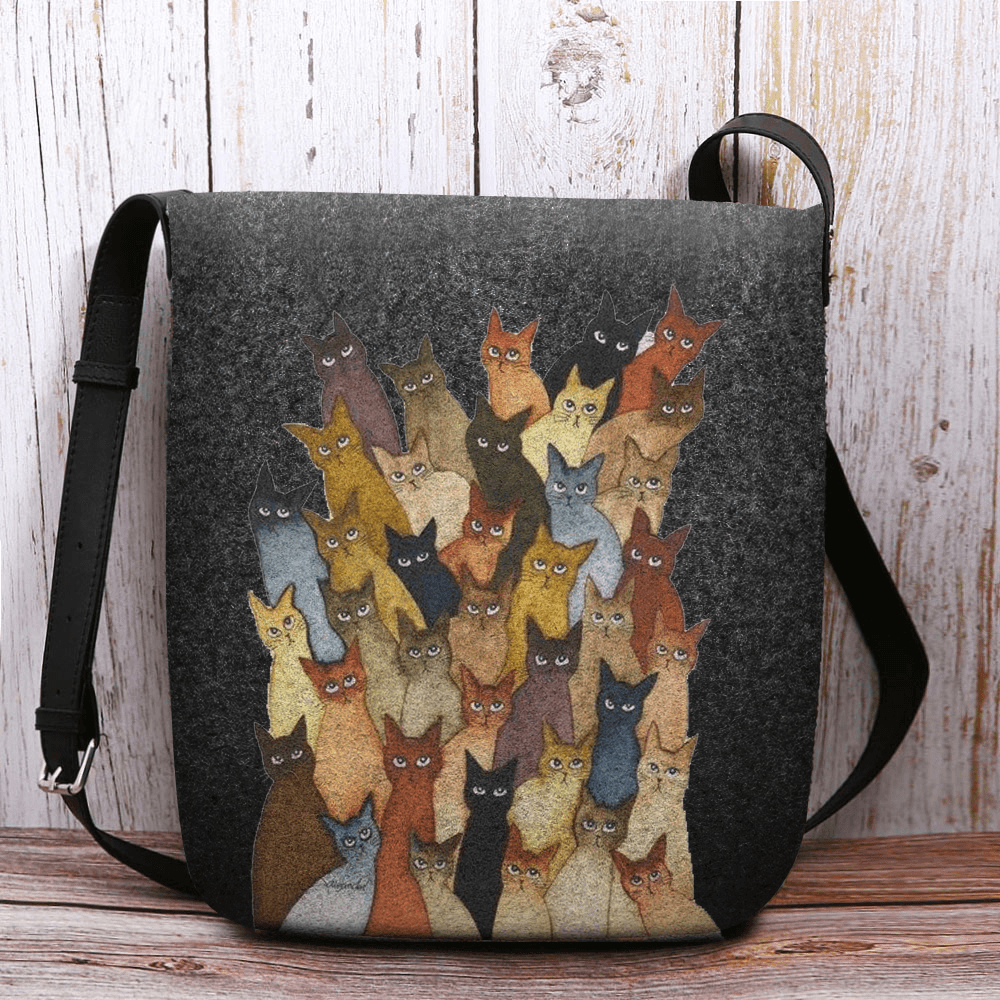 Women Felt Cute Cartoon Cats Print Casual Shoulder Bag Crossbody Bag - MRSLM