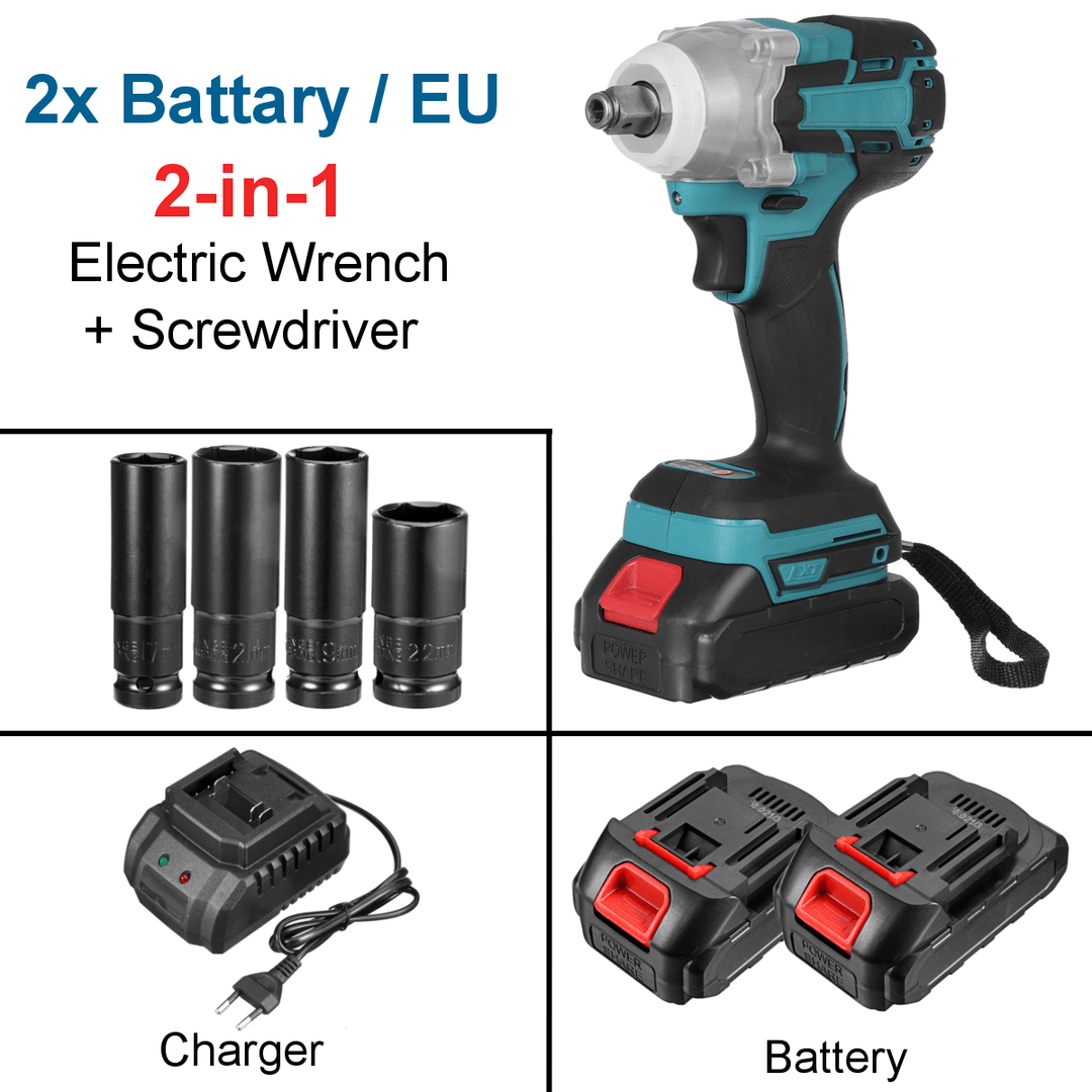 2 in 1 188VF 588N.M. Li-Ion Brushless Cordless Electric 1/2" Wrench 1/4"Screwdriver Drill W/ 1/2 Battery & 4 Sleeves - MRSLM