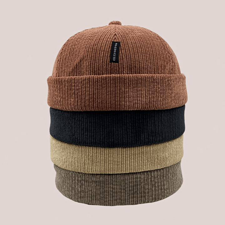 Unisex Corduroy Label Patch Skull Cap Casual Outdoor Autumn Winter Warm Adjustable Brimless Beanie Landlord Cap - MRSLM