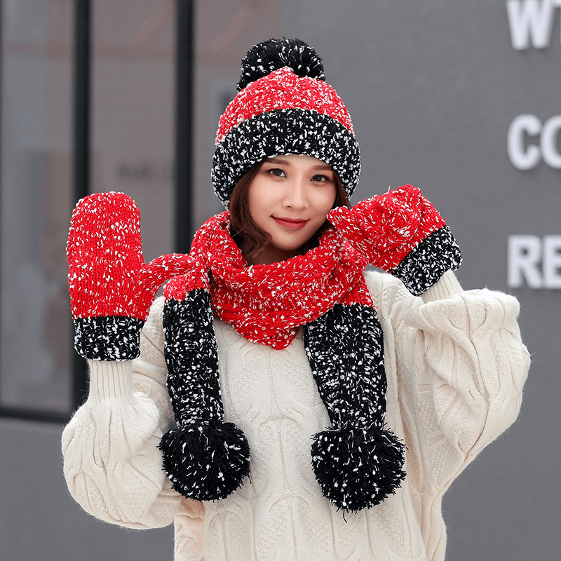 Women Girls Christmas Knit Snow Hat Gloves Scarf Winter Warm Trend Three-Piece Set - MRSLM