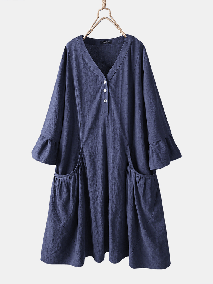 Casual Solid Color Cotton Half Bell Sleeve V-Neck Button Dress with Pocket - MRSLM