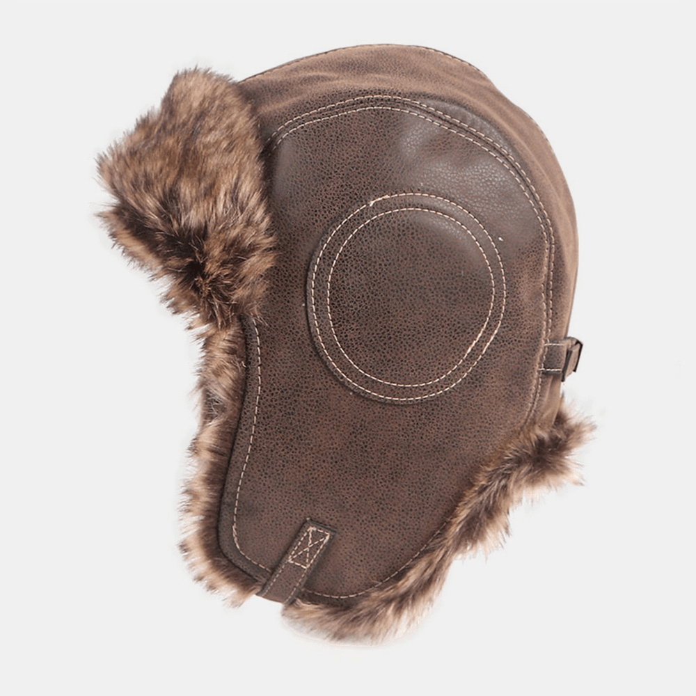 Men PU Leather plus Velvet Thicken Ear Protection Trapper Hat Winter Windproof Cool Protection Warm Ushanka Hat Russian Hat - MRSLM