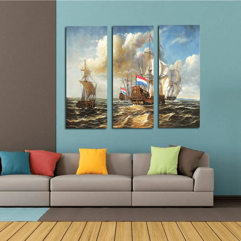 Miico Hand Painted Three Combination Decorative Paintings Sea Vessel Wall Art for Home Decoration - MRSLM