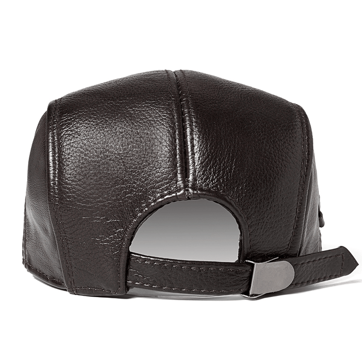 Mens Warm Real Cowhide Leather Strap Adjustable Painter Beret Caps Outdoor Durable Forward Hat - MRSLM