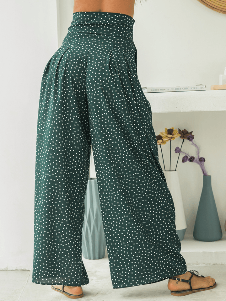 Casual Polka Dot Print High Waist Bow Wide Pants with Pocket - MRSLM