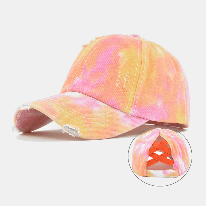 Unisex Colored Tie-Dye Ponytail Baseball Cap Broken Hole Big Brim Breathable Stretch Fit Cap - MRSLM