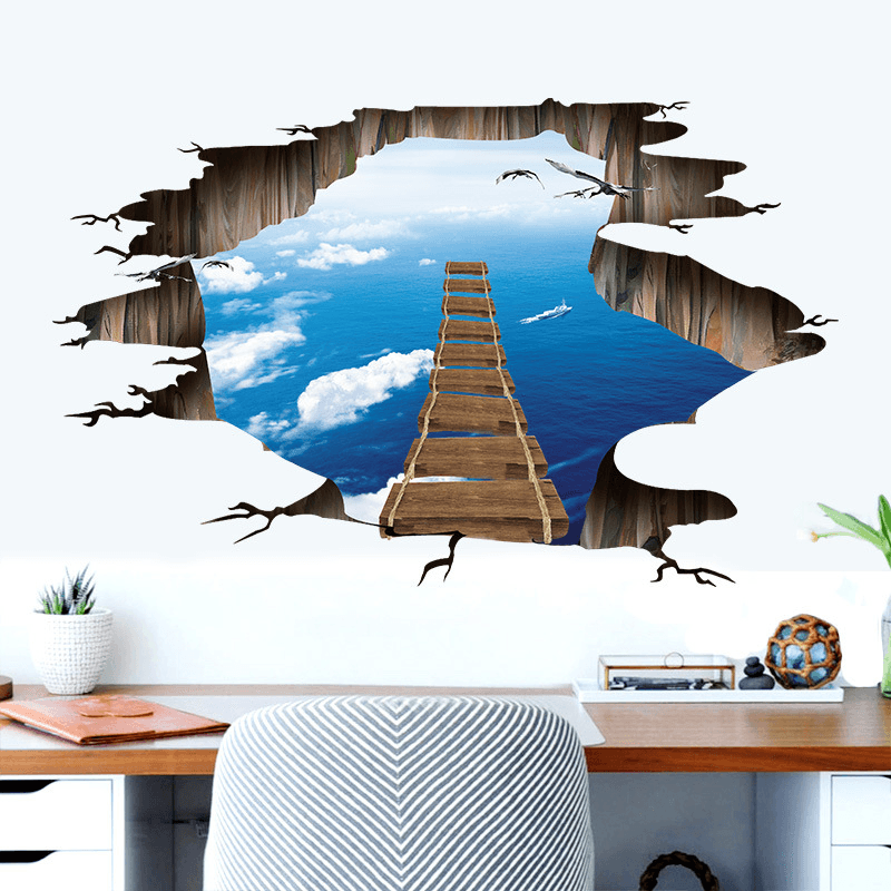 Miico Creative 3D Sky Suspension Bridge Broken Wall Removable Home Room Decorative Wall Door Decor Sticker - MRSLM