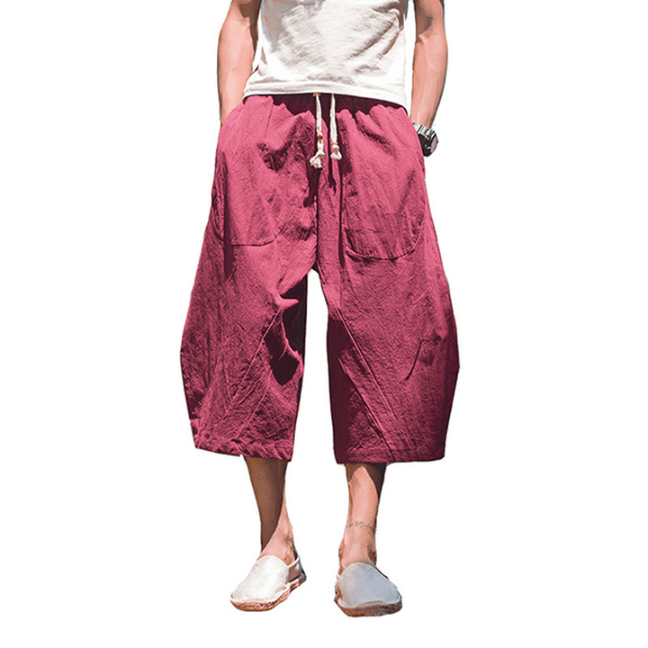 Mens Cotton Linen Loose Casual Calf-Length Harem Pants - MRSLM