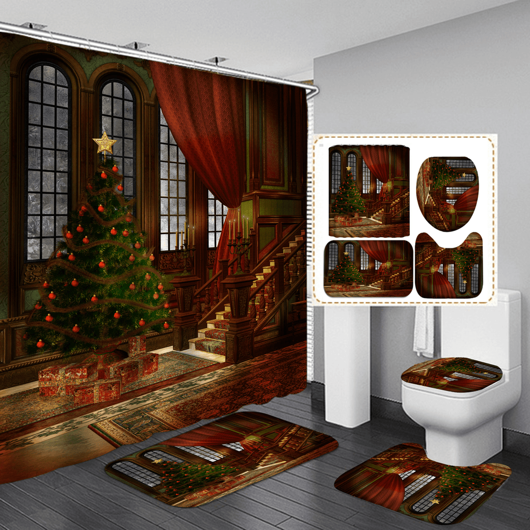 3D Bathroom Sets Christmas Trees Fireplace Shower Curtain Bath Mats Toilet Rugs Anti-Slip Carpet Festival Decor - MRSLM