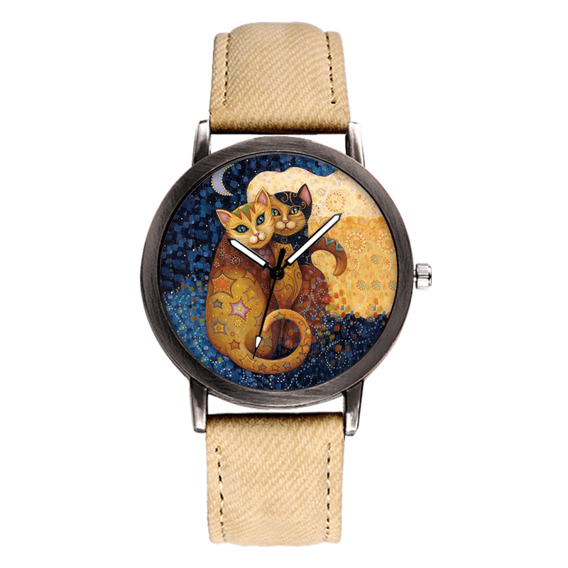 Temperament Cartoon Cat Blank Dial All-Match Denim Strap Women Quartz Watch Wristwatch - MRSLM