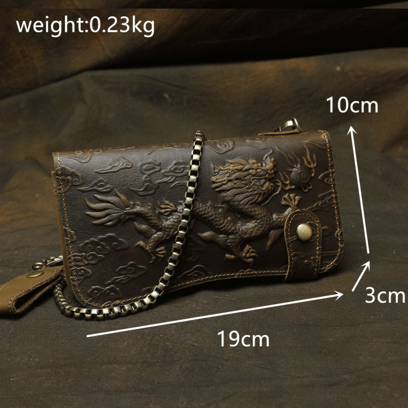 Men Genuine Leather 3D Dragon Tiger Pattern RFID Anti-Theft Retro Multi-Slot Card Holder Wallet with Key Ring - MRSLM