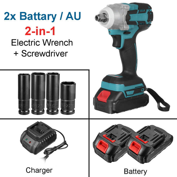 2 in 1 188VF 588N.M. Li-Ion Brushless Cordless Electric 1/2" Wrench 1/4"Screwdriver Drill W/ 1/2 Battery & 4 Sleeves - MRSLM