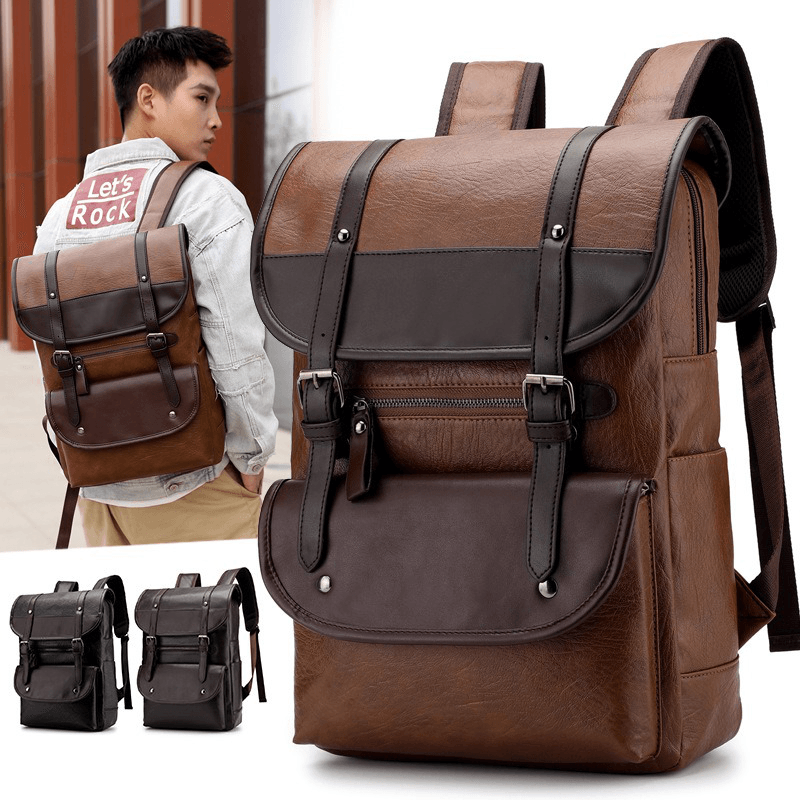 Men Anti-Theft Large Capacity PU Leather Backpack Casual Vintage Shoulder Bag - MRSLM