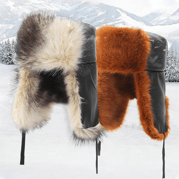 Men Faux Fox Fur Thicken Warm Windproof Trapper Hat Winter Outdoor Riding Ear Protection Ushanka Hat - MRSLM