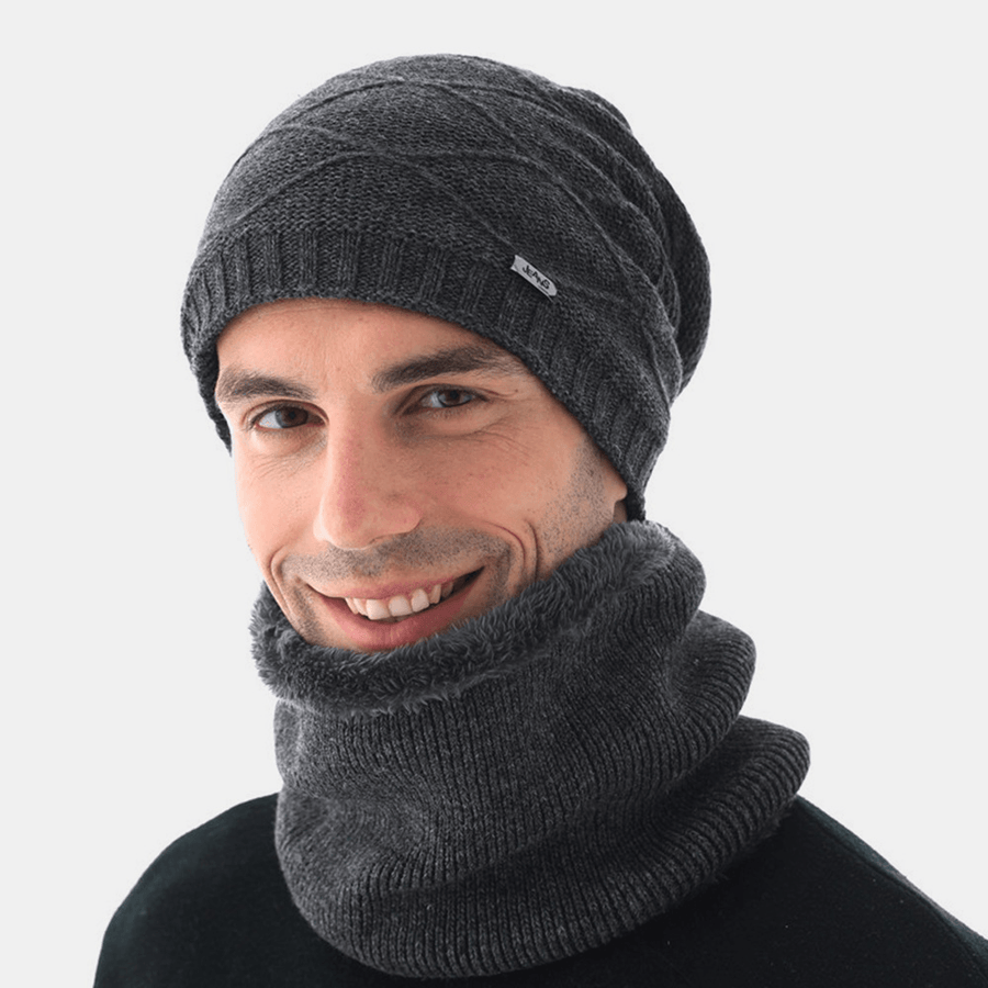 2 PCS Men Rabbit Fur plus Velvet Warm Knitted Baotou Cap Scarf Winter Thicken Face Protection Ear Protection Stripe Beanie Skull Hat - MRSLM