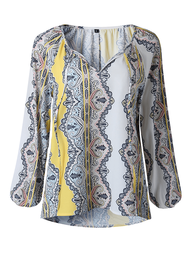 Women V Neck Boho Floral Print Blouse - MRSLM