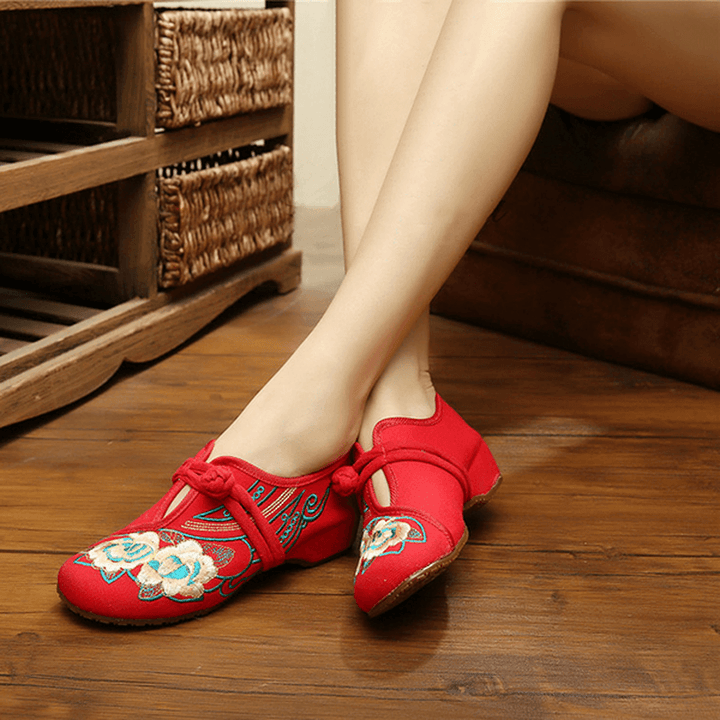 Women Lace up Cloth Chinese Embroidered Flower Flat Loafers - MRSLM