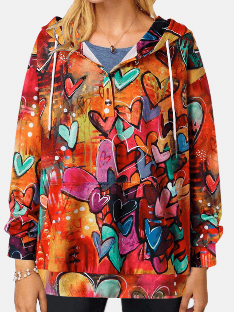 Women Colorful Graffiti Heart Print Long Sleeve Drawstring Hoodie with Kangaroo Pocket - MRSLM