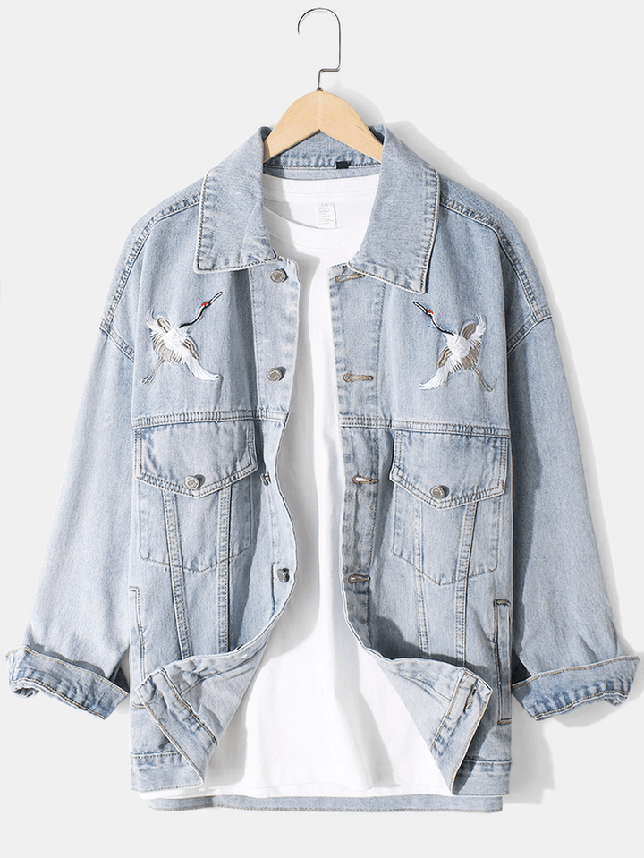 Mens Crane Embroidery Faded Effect Cotton Outdoor Stylish Denim Jacket with Pocket - MRSLM