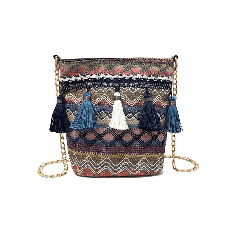 Women Weaving Tassel National Crossbody Bag Chic Bucket Bag - MRSLM