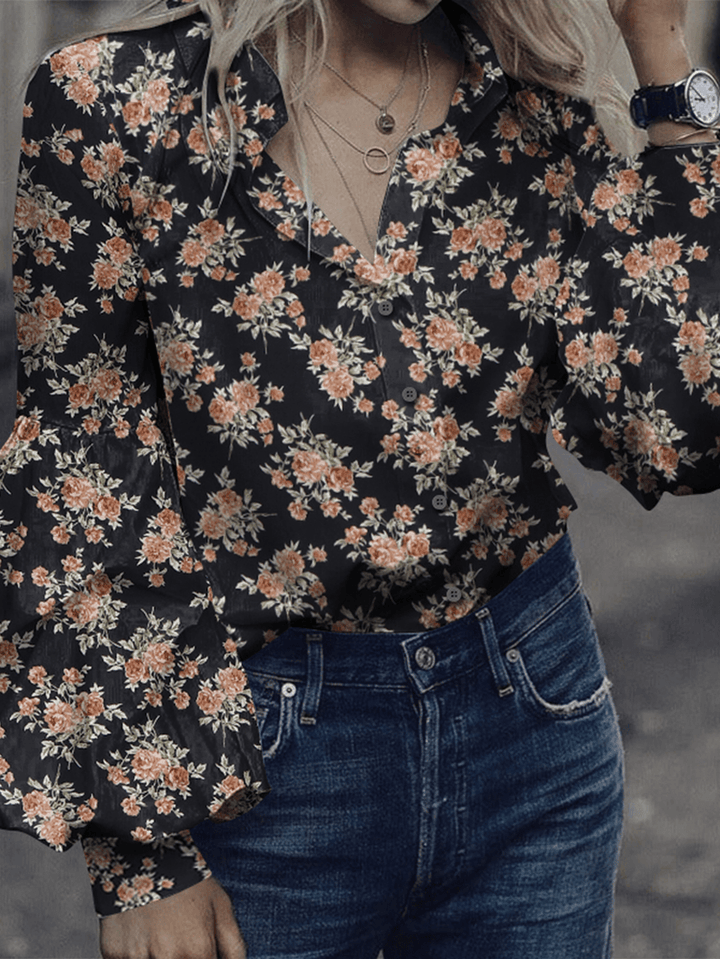 Women Floral Print Lapel Stitching Lantern Sleeve Casual Shirts - MRSLM