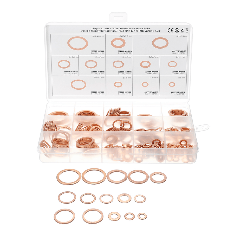 280Pcs 12 Sizes Assorted Crush Copper Washer Gasket Set Flat Ring Seal Kit Tools - MRSLM