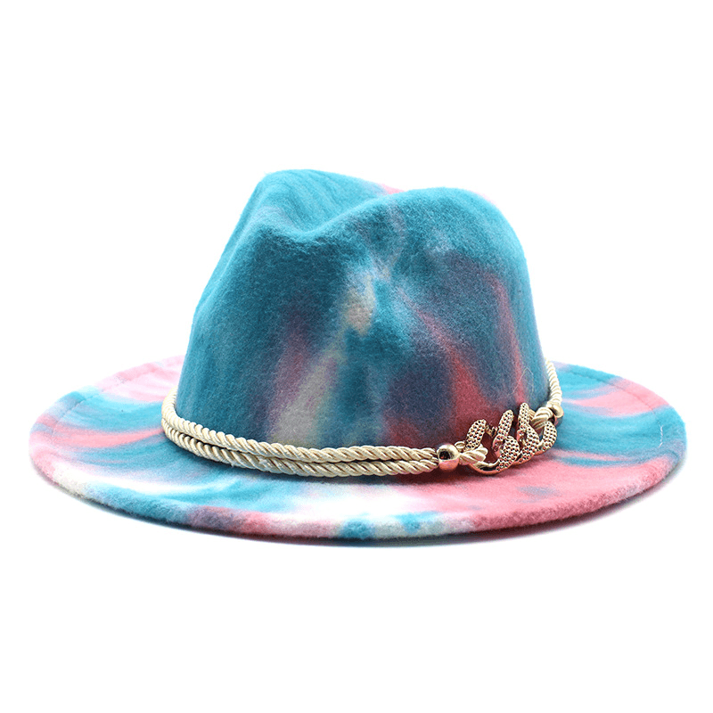 Tie-Dye Pink Woolen Cloth Gift Fashion Flat Brim Jazz Hat Felt Hat - MRSLM