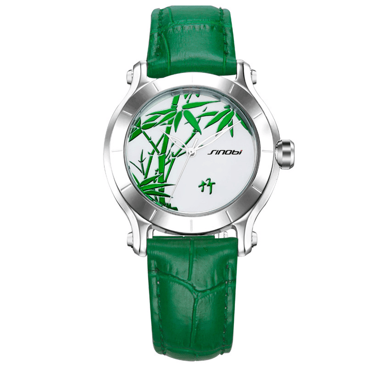 SINOBI 9632 Green Bamboo Women Watches Leather Strap Waterproof Clock Quartz Watch - MRSLM