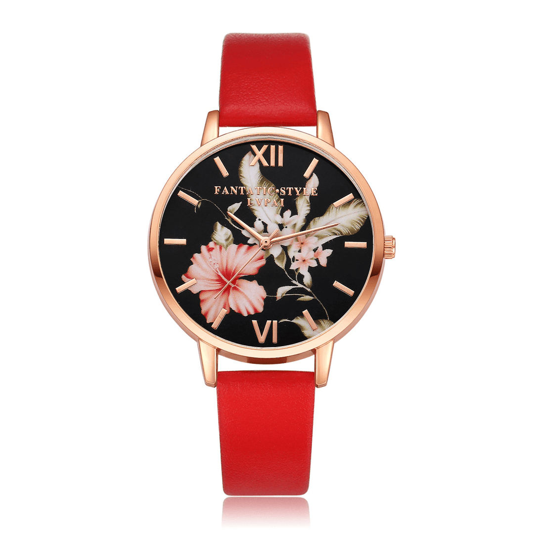 LVPAI Fashion Flower Pattern PU Leather Strap Womenwrist Watch Ladies Dress Quartz Watch - MRSLM