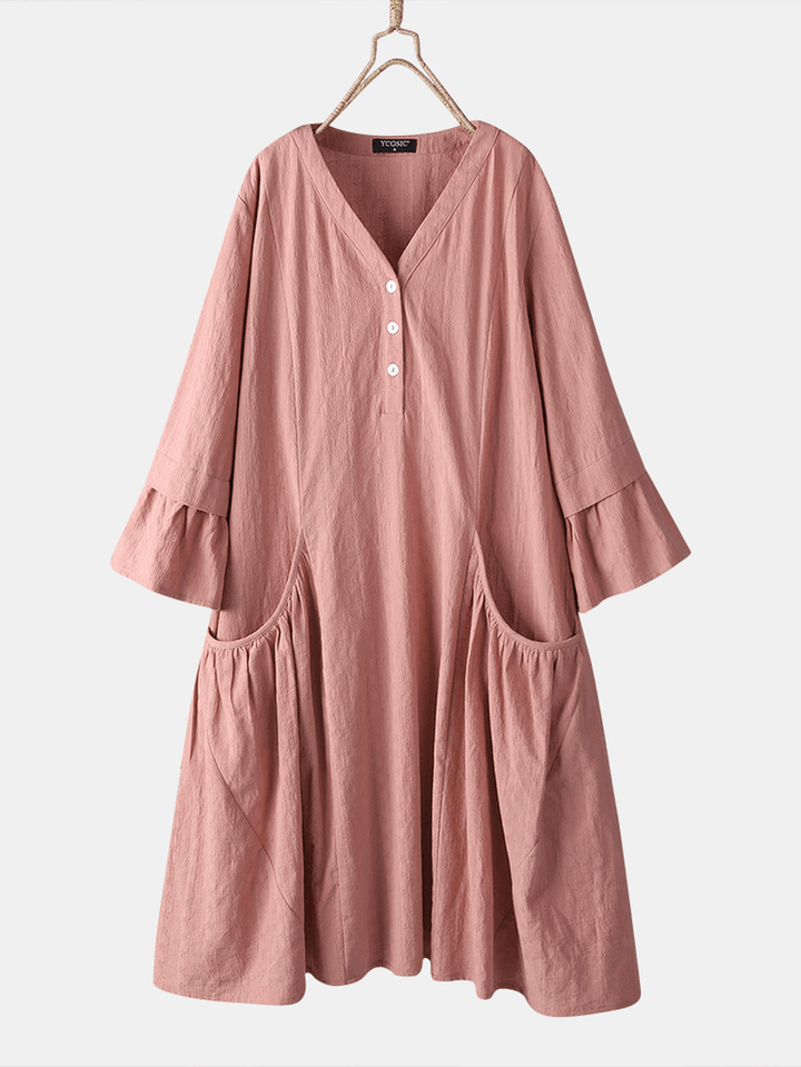 Casual Solid Color Cotton Half Bell Sleeve V-Neck Button Dress with Pocket - MRSLM