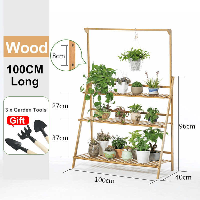 Plant Stand Flower Pot Display Multi-Layer Shelf with Hanging Rod Plants Rack Holder Organizer - MRSLM