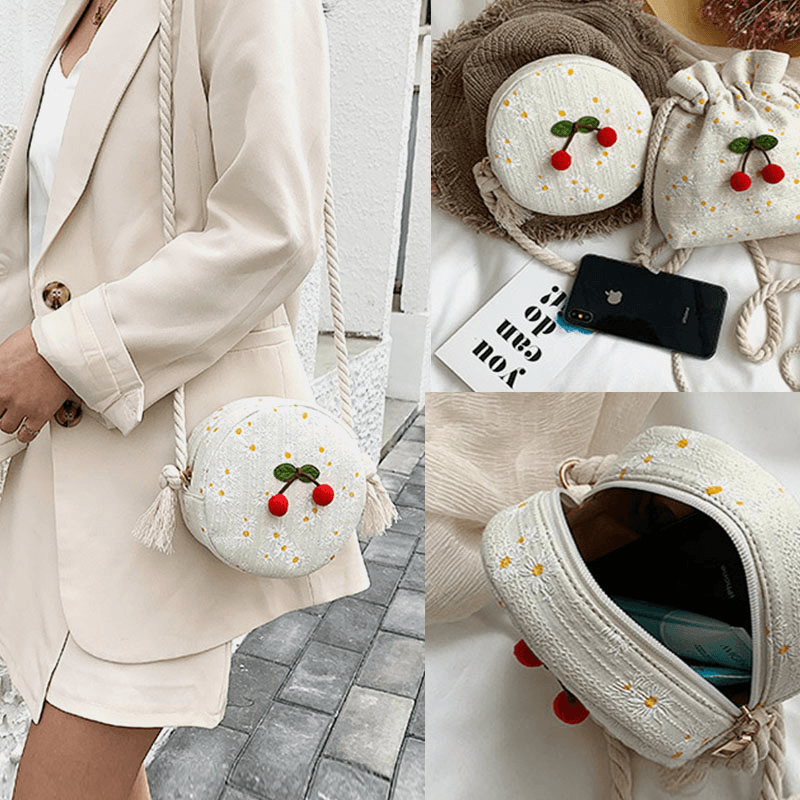 Summer Cherry Dotted round Straw Crossbody Bag Shoulder Bag - MRSLM