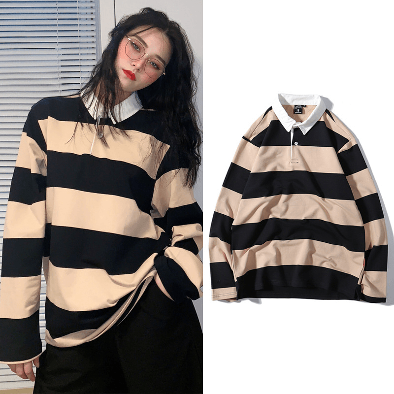 Striped Lapel Sweater Long-Sleeved T-Shirt Men - MRSLM